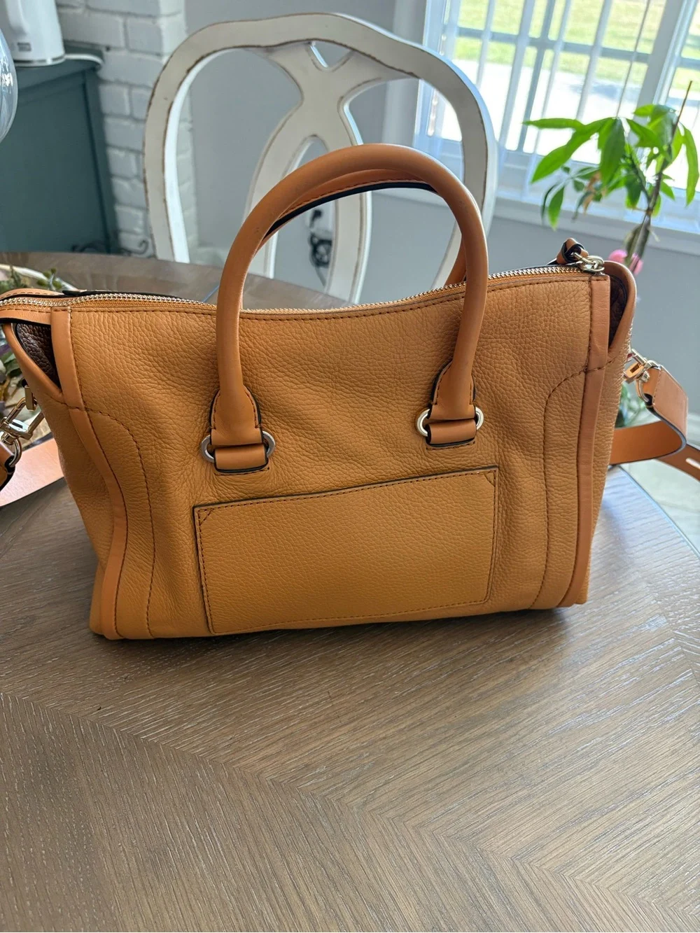 Michael Kors Carine Pebbled Leather Satchel in Tan Brown
